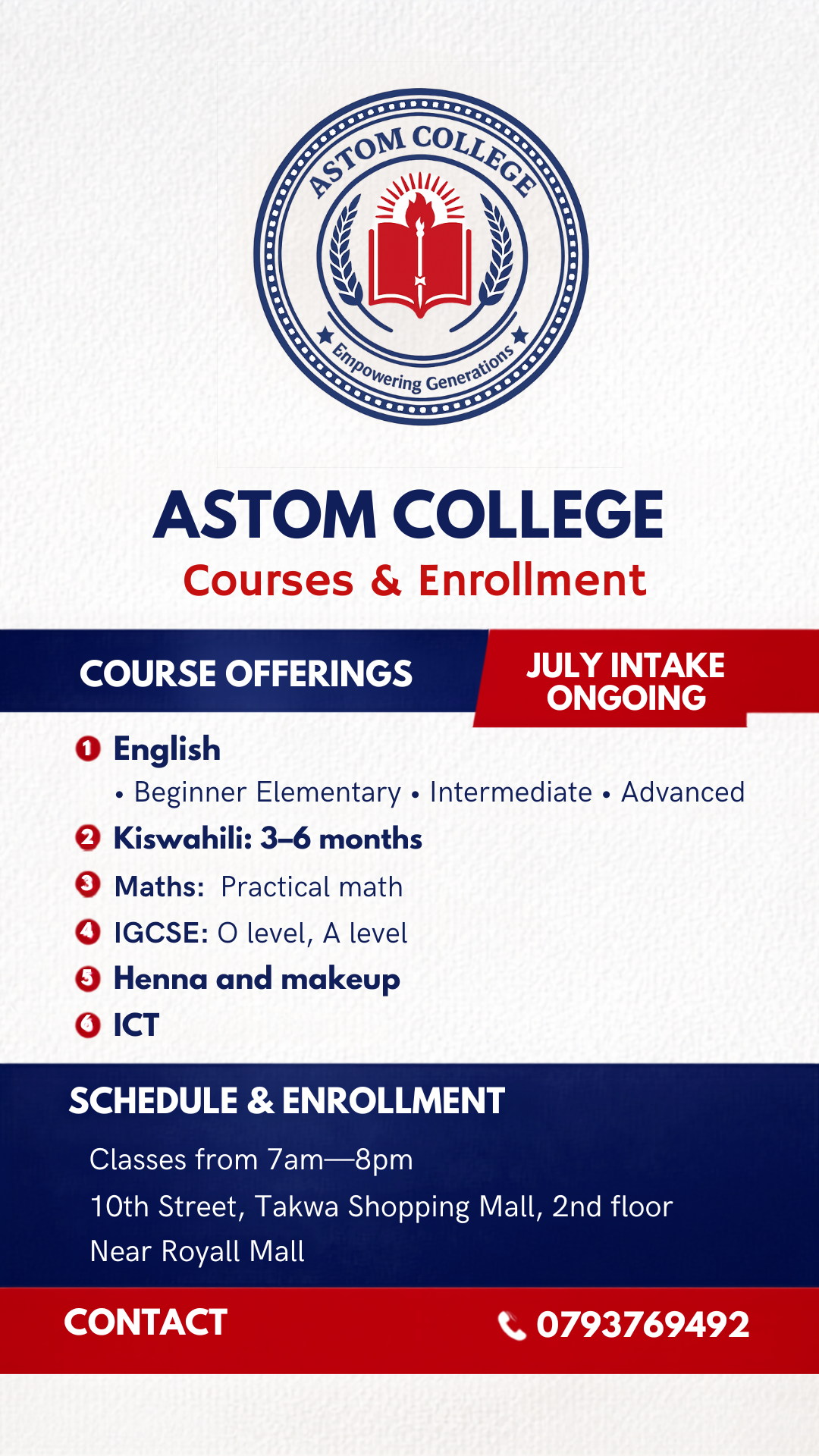 Astom College courses and enrollment poster